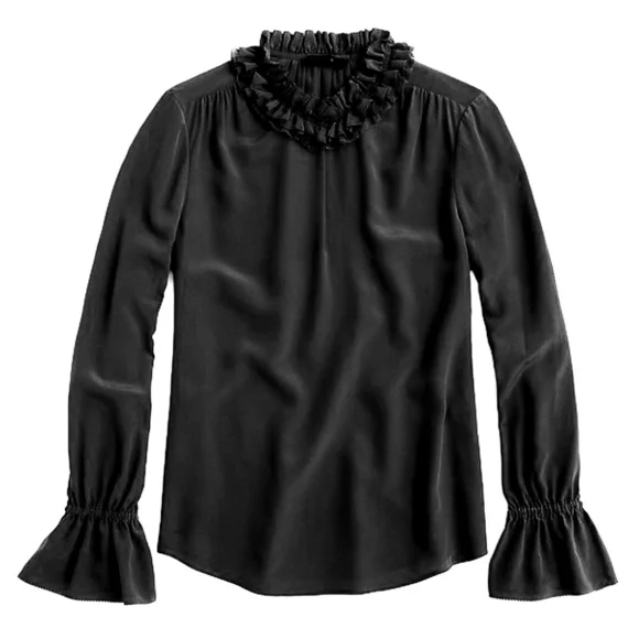 J.CREW Silk Ruffle High Neck Black Blouse Women's 6P Long Sleeves Ruffle Cuffs - Picture 1 of 11